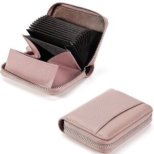 Genuine Leather RFID Blocking Compact Wallet Card Zipper Coin Purse in Pink